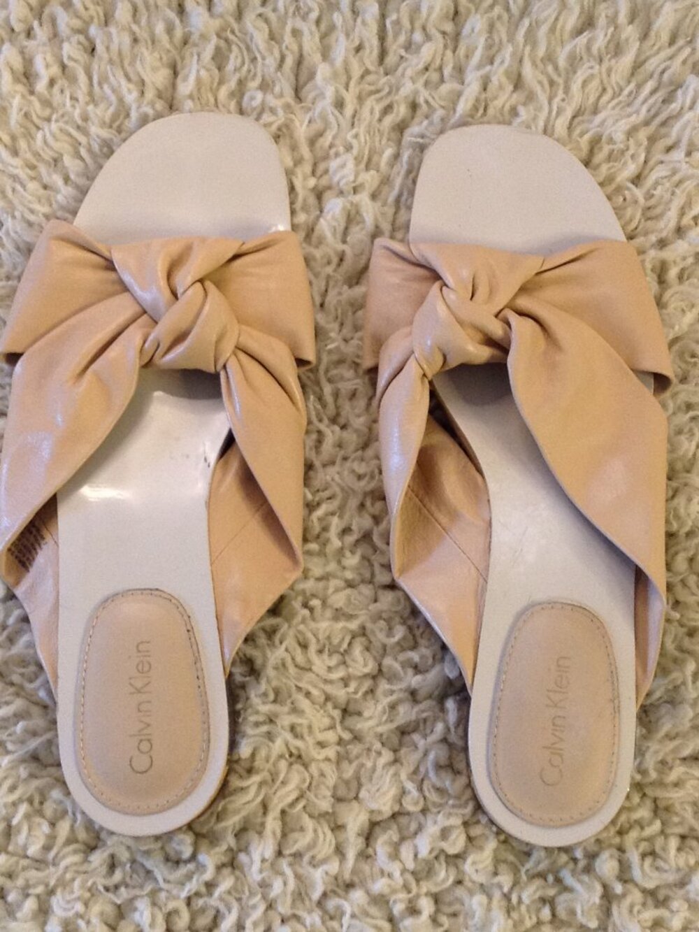 Calvin Klein Ambra "8.5" Faux Leather Knotted Sandals Beige Wood Lucite Heels